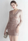 V-Neck Long Sleeves Sequins Cocktail Dress in Gold
