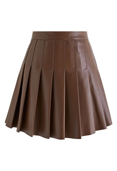 Faux Leather Pleated Flare Mini Skirt in Brown