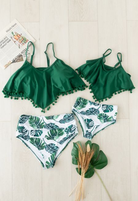 Leaf Print Cute Ball Trims Bikini Set for Mommy & Kids