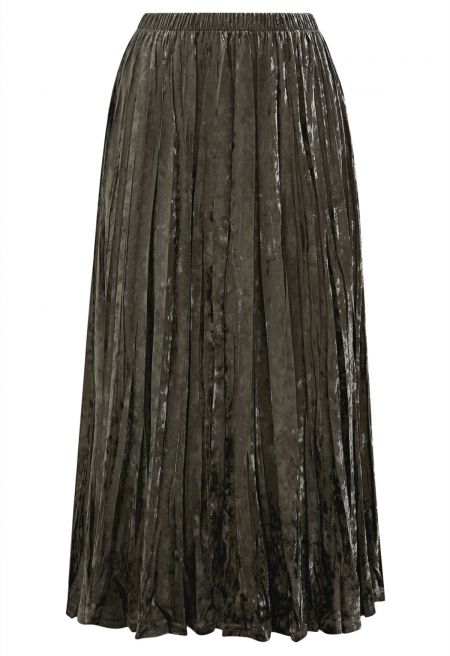 Alluring Luster Velvet Pleated Skirt in Olive