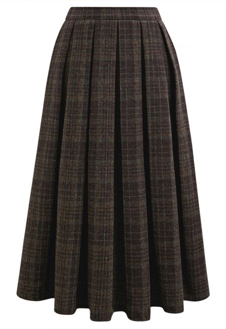 Delicate Restrained Plaid Box Pleat Tweed Skirt in Brown