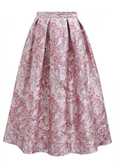 Metallic-Sheened Jacquard Embossed A-Line Midi Skirt in Candy Pink