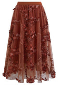 Intricate 3D Floral Embroidered Mesh Tulle Skirt in Rust