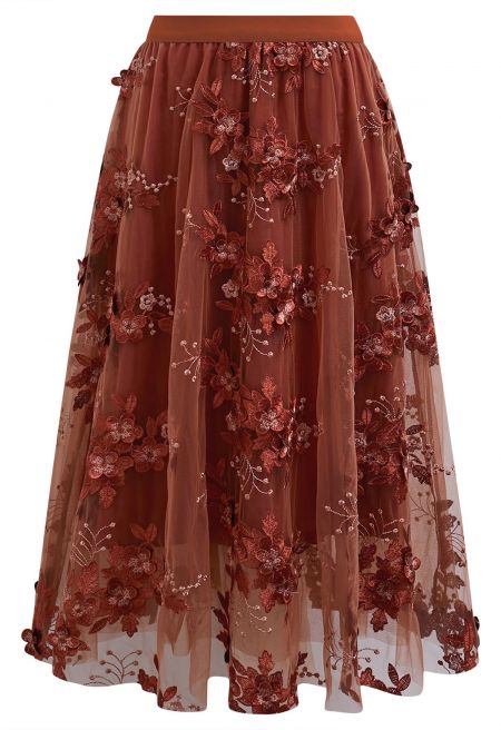 Intricate 3D Floral Embroidered Mesh Tulle Skirt in Rust