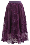 Intricate 3D Floral Embroidered Mesh Tulle Skirt in Plum
