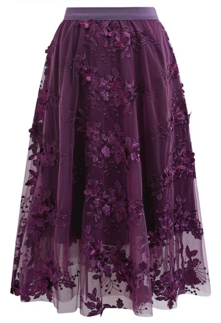 Intricate 3D Floral Embroidered Mesh Tulle Skirt in Plum