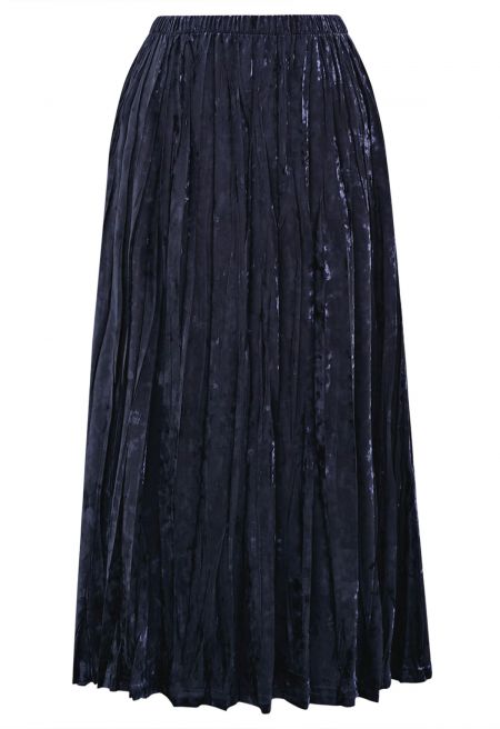 Alluring Luster Velvet Pleated Skirt in Navy