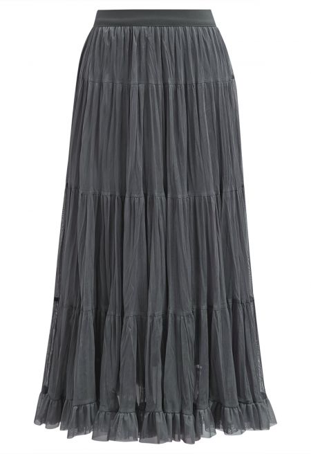 Reversible Gathered Pleats Tiered Tulle Maxi Skirt in Smoke