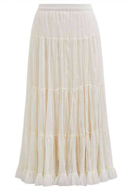 Reversible Gathered Pleats Tiered Tulle Maxi Skirt in Cream