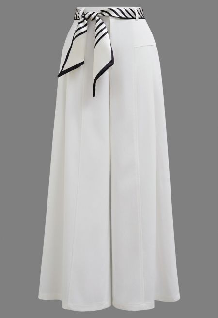Striped Ribbon Side Pockets Wide-Leg Pants in White