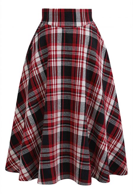 Plaid Tweed High-Waist A-Line Midi Skirt in Red