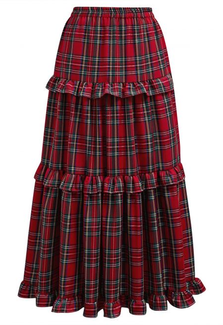 Festive Plaid Ruffle Edge Maxi Skirt in Red