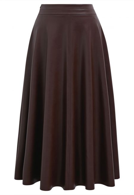 Sharp Faux Leather Center Seamed Midi Skirt in Burgundy