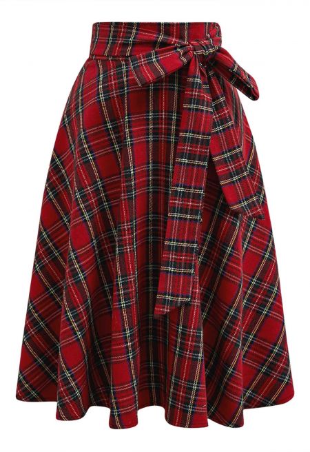 Red Tartan Tie-Waist A-Line Midi Skirt