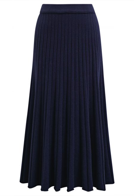 Casual Grace Ribbed Knit Flare Maxi Skirt in Navy