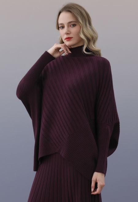 Contrast Ribbed Batwing Sleeve Knit Poncho Sweater in Plum