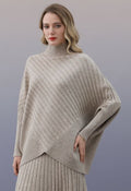 Contrast Ribbed Batwing Sleeve Knit Poncho Sweater in Oatmeal