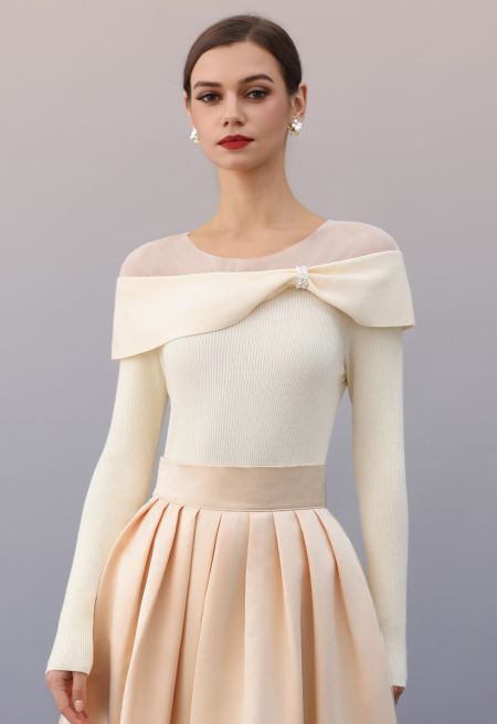 Folded Pearl Detail Mesh Spliced Knit Top in Cream