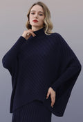 Contrast Ribbed Batwing Sleeve Knit Poncho Sweater in Navy