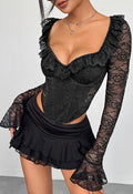 Ruffle Trim Flare Cuffs Full Lace Bustier Top in Black