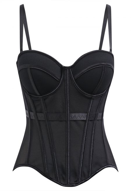 Structured Seam Paneled Mesh Corset Top in Black