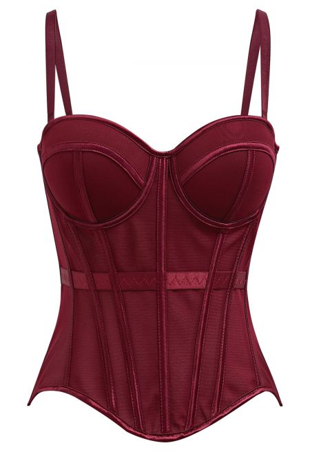 Structured Seam Paneled Mesh Corset Top in Burgundy