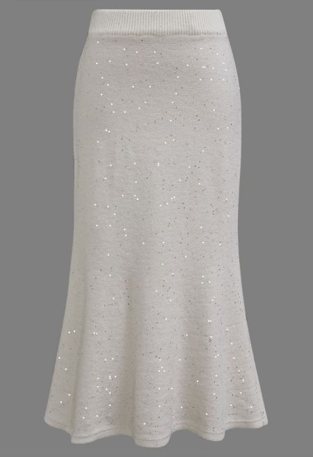 Sequin Mix-Knitted Bodycon Mermaid Midi Skirt in Ivory