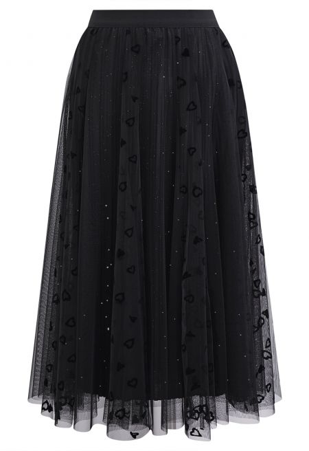 Velvet Heart Shimmer Pleated Tulle Midi Skirt in Black