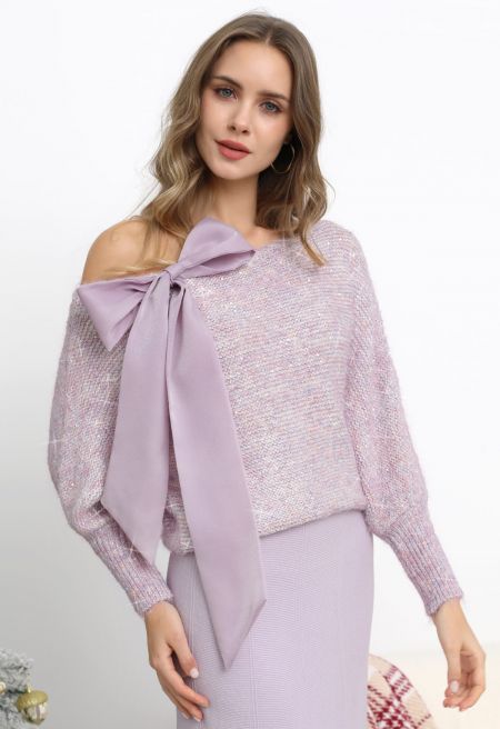 Organza Bowknot Sequin Embellished Fuzzy Knit Sweater in Lilac