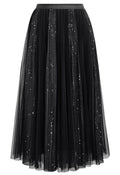 Striking Sequin Panel Mesh Tulle Midi Skirt in Black