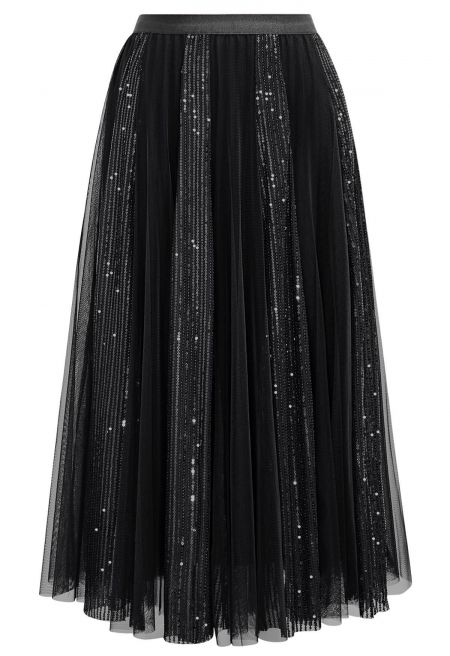 Striking Sequin Panel Mesh Tulle Midi Skirt in Black