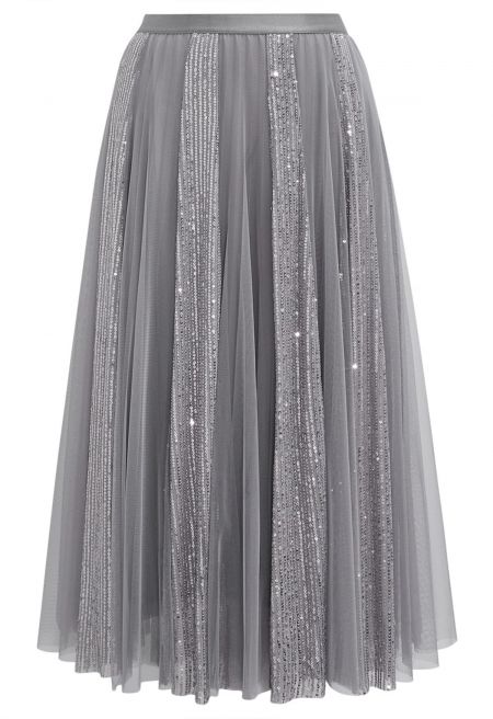 Striking Sequin Panel Mesh Tulle Midi Skirt in Grey