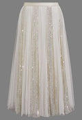Striking Sequin Panel Mesh Tulle Midi Skirt in Cream