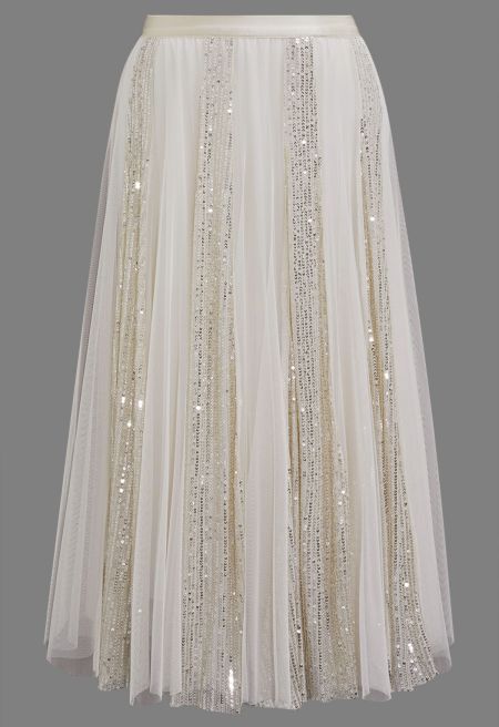 Striking Sequin Panel Mesh Tulle Midi Skirt in Cream