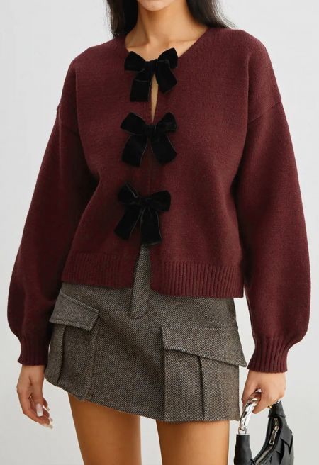 Statement Velvet Bow-Embellished Knit Cardigan
