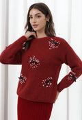 Heart Sequin Bowknot Embellished Knit Sweater in Burgundy