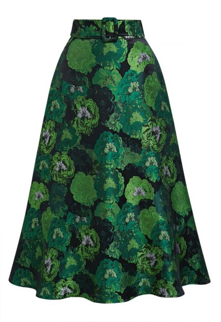 Grand Peony Jacquard A-Line Maxi Skirt in Green