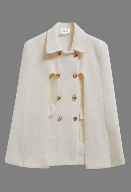 Stately Double-Breasted Collar Knit Cape Coat in Ivory