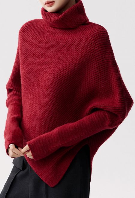 Turtleneck Asymmetric Hem Batwing Sleeve Ribbed Knit Sweater
