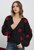 3D Red Rose Puff Sleeve Buttoned Chunky Knit Cardigan in Black