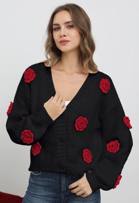 3D Red Rose Puff Sleeve Buttoned Chunky Knit Cardigan in Black