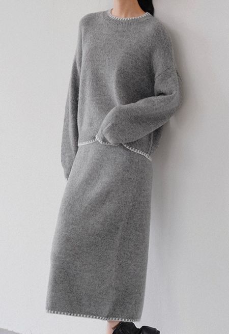 Subtle Whipstitch-Trimmed Knit Sweater and Skirt Set in Grey