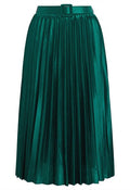 Square Buckle Belted Pleated Midi Skirt in Dark Green
