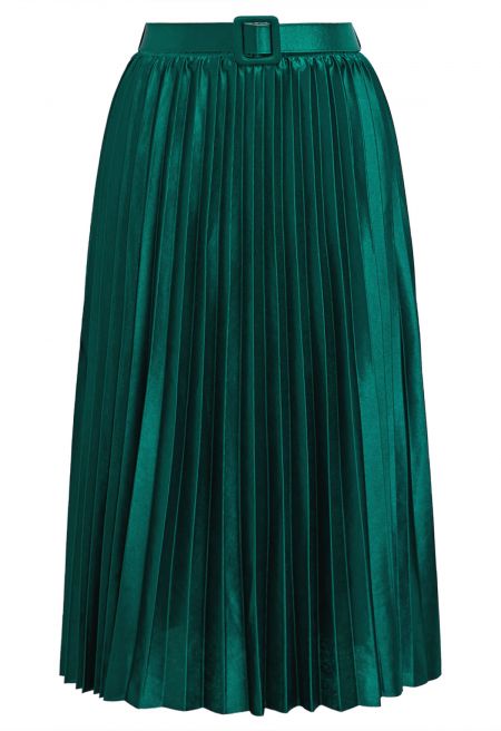 Square Buckle Belted Pleated Midi Skirt in Dark Green