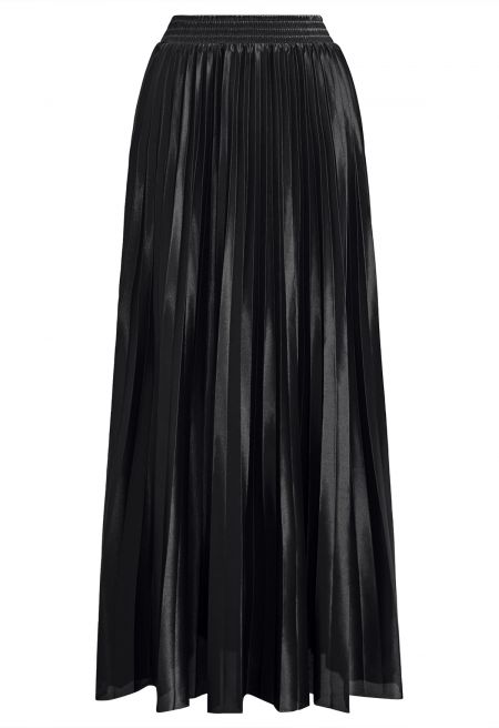 Ladylike Grace Pleated Sheen Maxi Skirt in Black