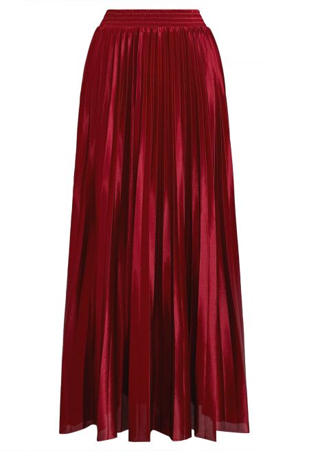Ladylike Grace Pleated Sheen Maxi Skirt in Red