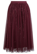 Rippling Sequin Velvet Mesh Midi Skirt in Burgundy