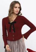 Velvet Bow Brooch Heart Buttoned Knit Top in Burgundy