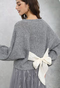 Back Bow Detail Puff Sleeve Waffle Knit Sweater in Grey