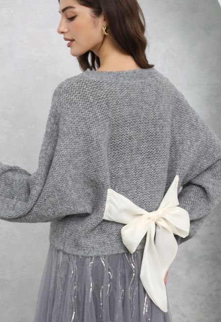 Back Bow Detail Puff Sleeve Waffle Knit Sweater in Grey